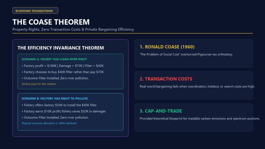 The Coase Theorem Explained - Property Rights Assignment and Private Bargaining Efficiency Diagram