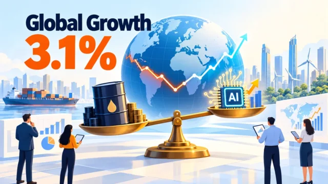 IMF World Economic Outlook October 2026: flat illustration of a world growth curve and an oil barrel