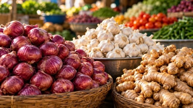 Baskets of red onions and ginger with a bowl of garlic at an Indian vegetable market stall, tomatoes and chillies behind, illustrating food inflation.