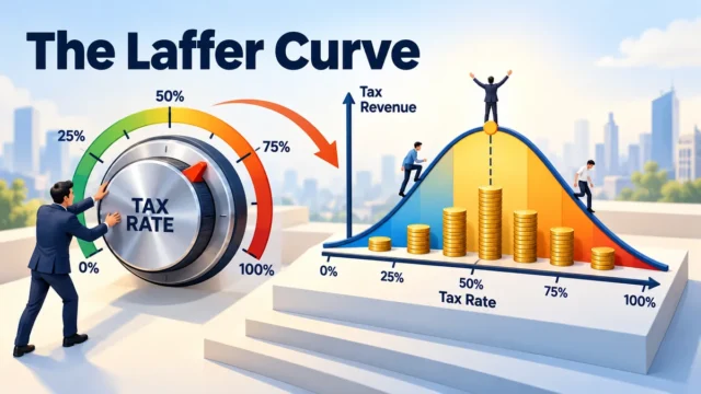 Laffer curve - businessman turning a tax rate dial beside a tax revenue curve with coin stacks