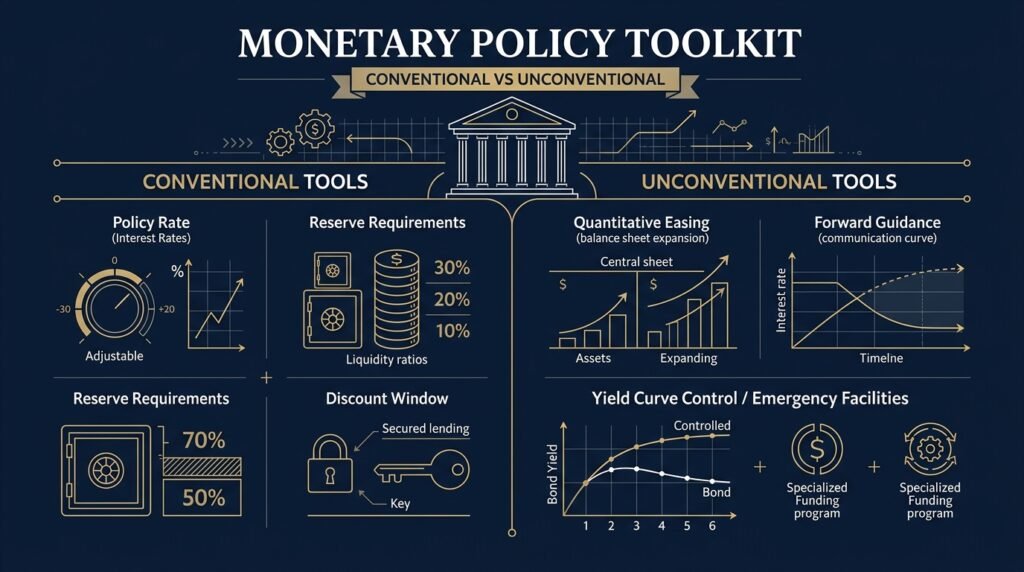 Monetary Policy Toolkit Conventional vs Unconventional Tools Infographic