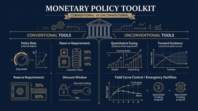 Monetary Policy Toolkit Conventional vs Unconventional Tools Infographic